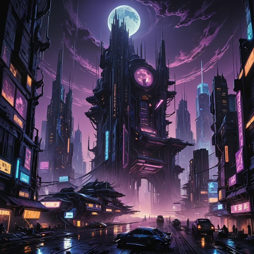 Cyberpunk Moon City Collapsing into Black Hole