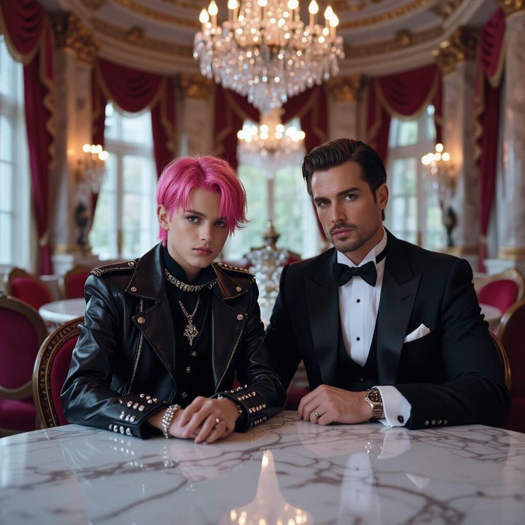 Gothic Boy and Tuxedo Man in Opulent Dining Room