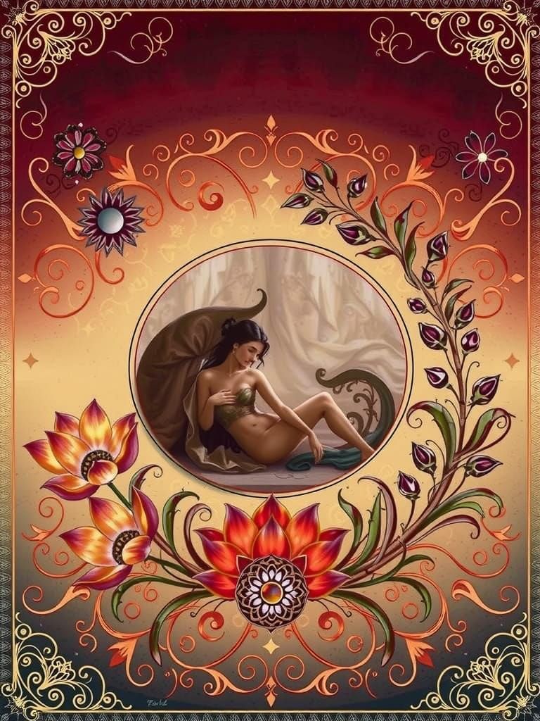 Elegant Couple in Golden Circle with Intricate Patterns and ...