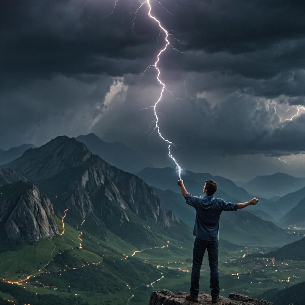 Lightning Mage Spell Above Mountain Range: Fantasy Art