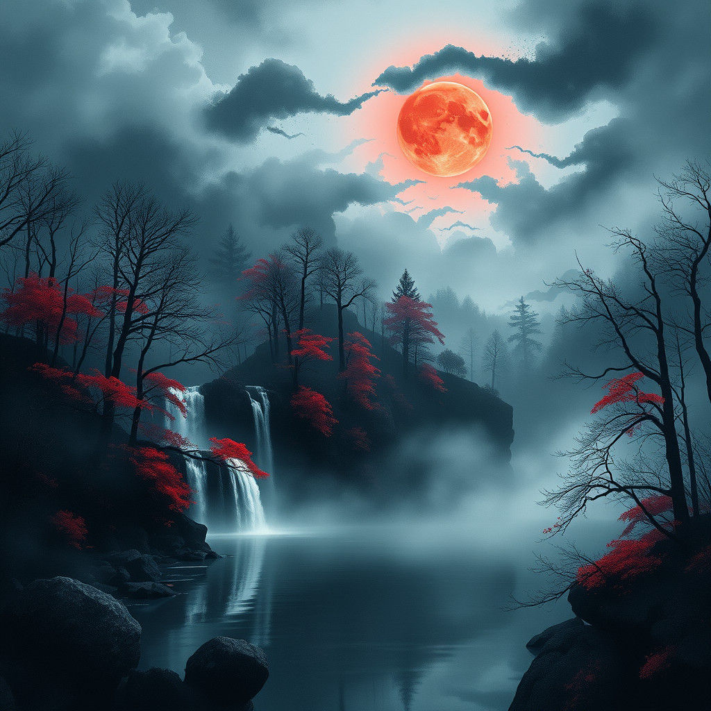 Mystical Forest Landscape with Red Moon, in Watercolor Style