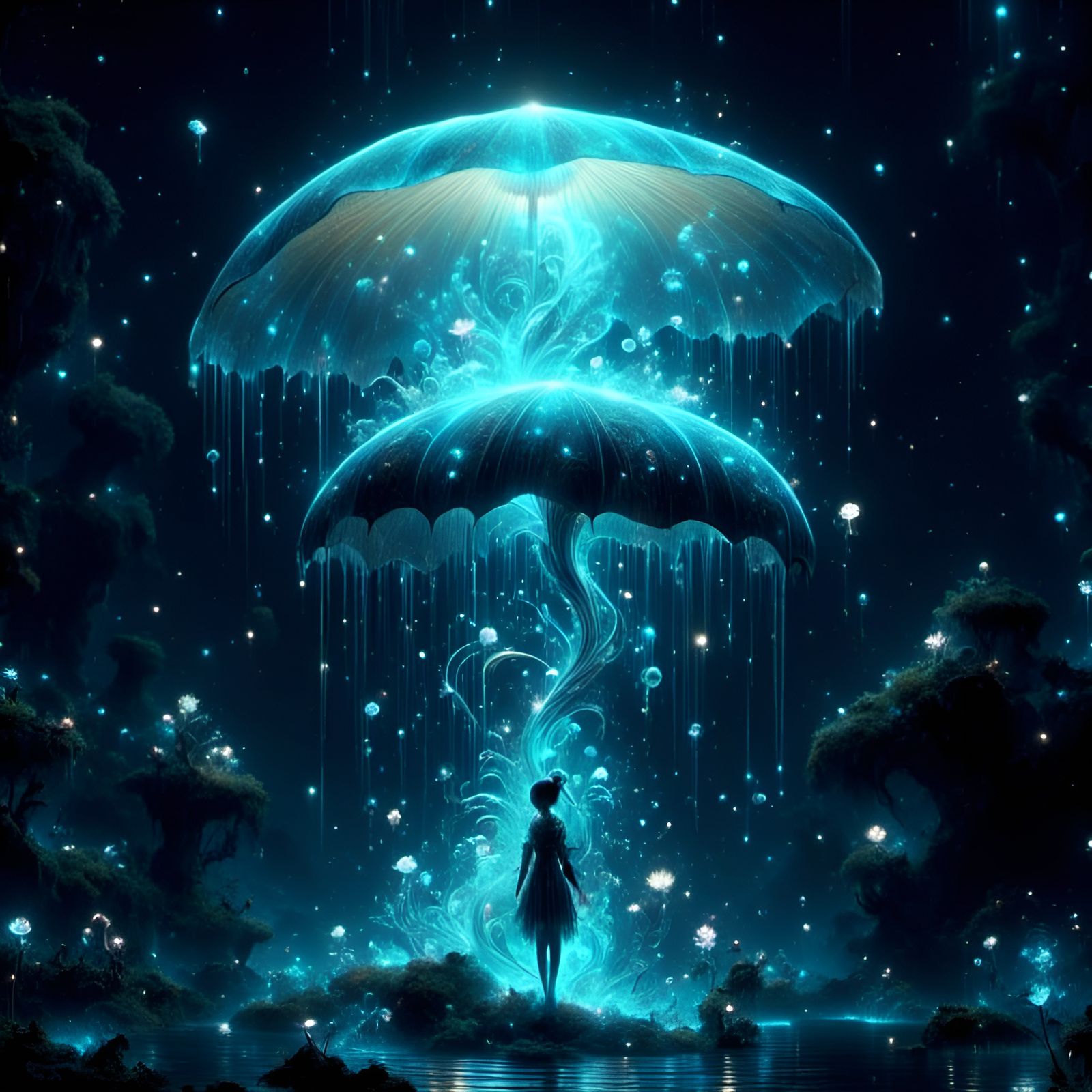 Woman Silhouette Under Starry Night, Double Exposure