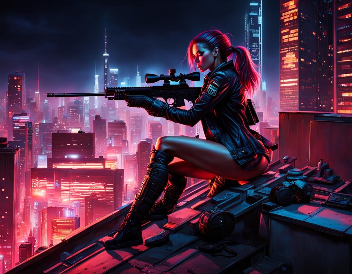 Cyberpunk Cyborg Sniper on Neon City Rooftop