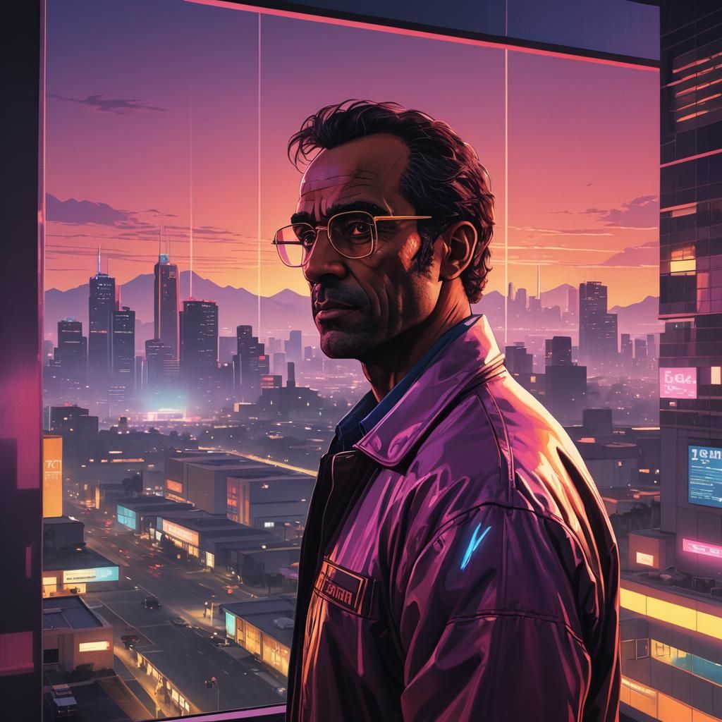 Synthwave Trevor Phillips Gazes at Neon Los Santos