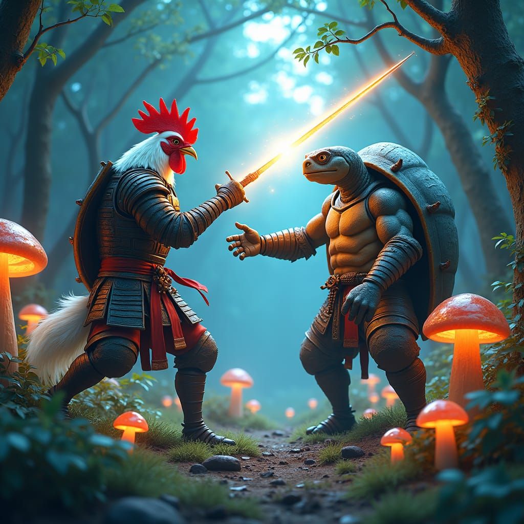 Chicken Samurai Duel in Ghibli-Style Forest