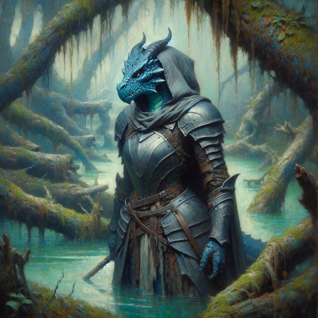 Ethereal Dragonborn Paladin in Ominous Swamp