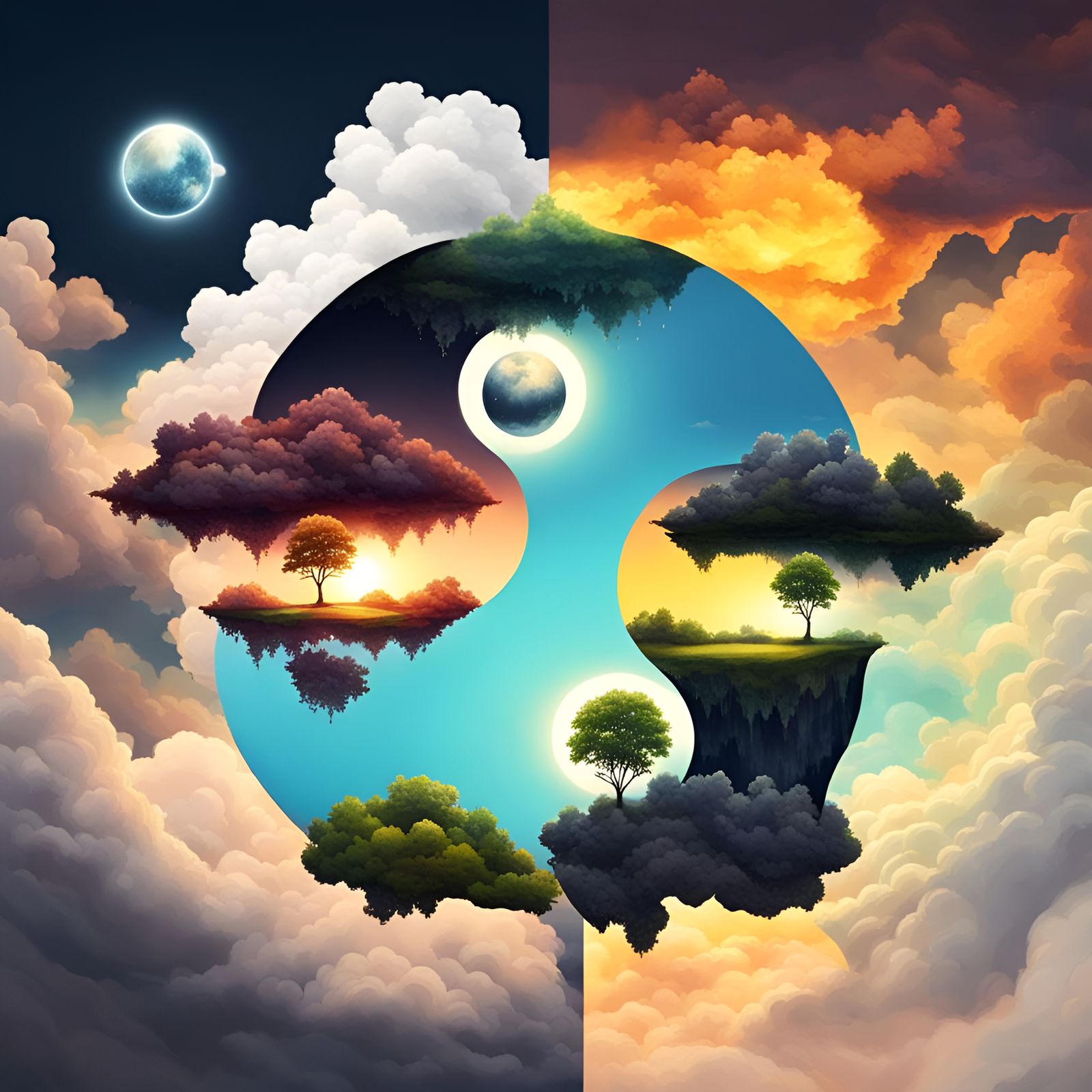 Surreal Floating Islands with Upside Down Rain