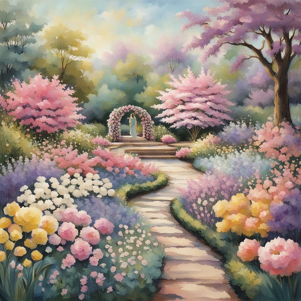 Whimsical Garden in Soft Pastel Colors