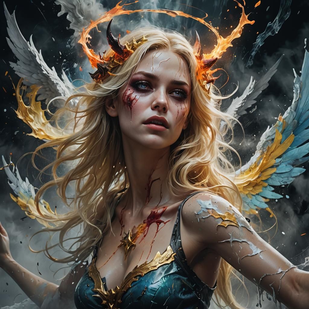 Angelic Demon Woman in Hyperrealistic Splash Art