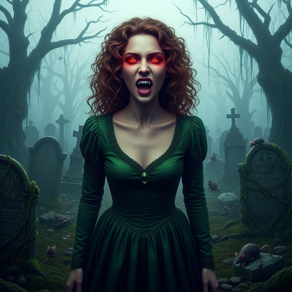 Vampire in Cemetery with Glowing Eyes, Hyperrealistic Style