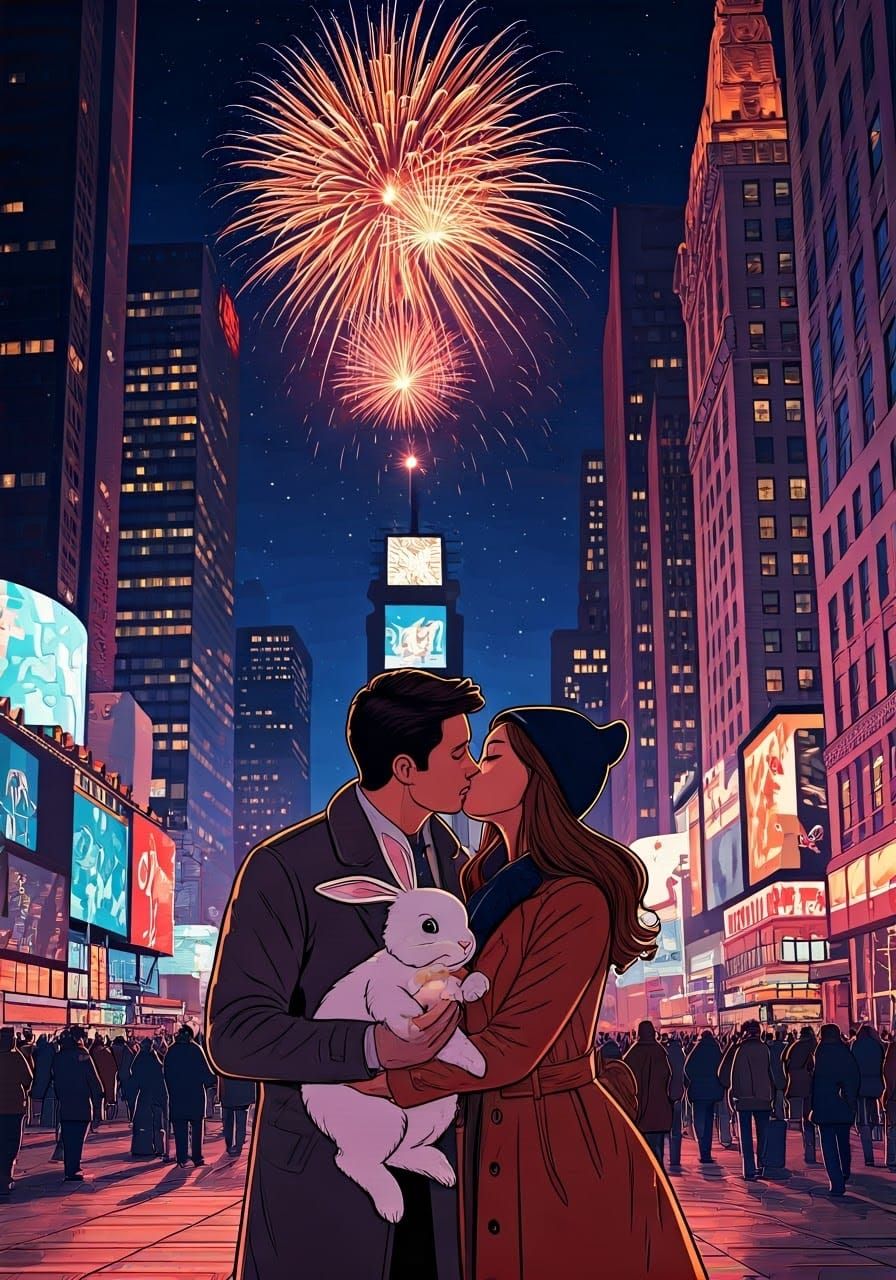 Times Square New Year's Eve Celebration with Kissing Couple....