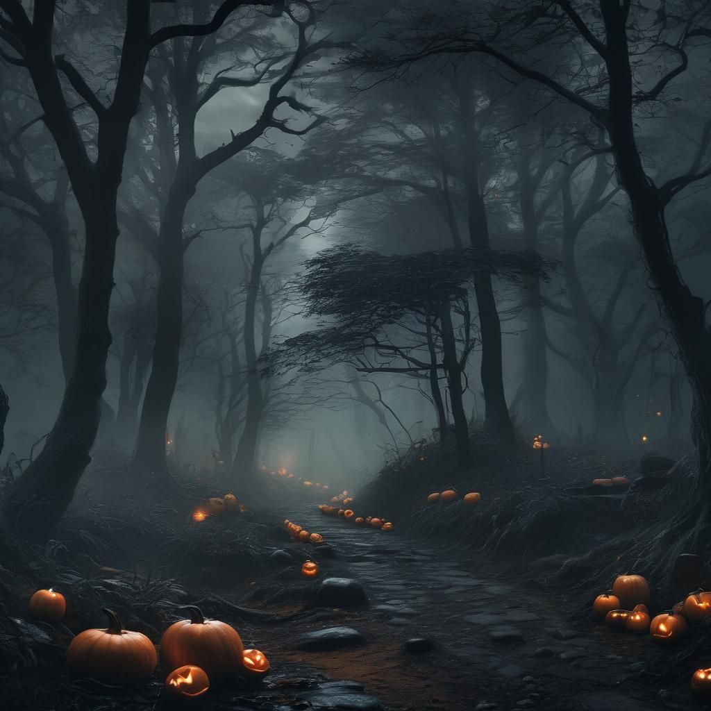 Eerie Forest Path with Glowing Jack-o'-Lanterns