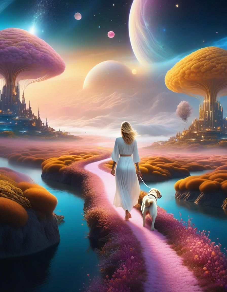 Woman and Dog on Floating Sky Islands