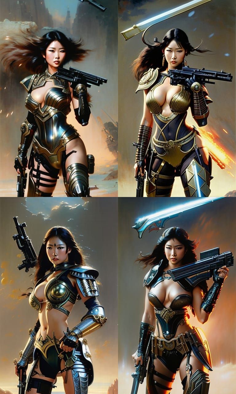 Armored Woman with Gun-Sword in Digital Painting