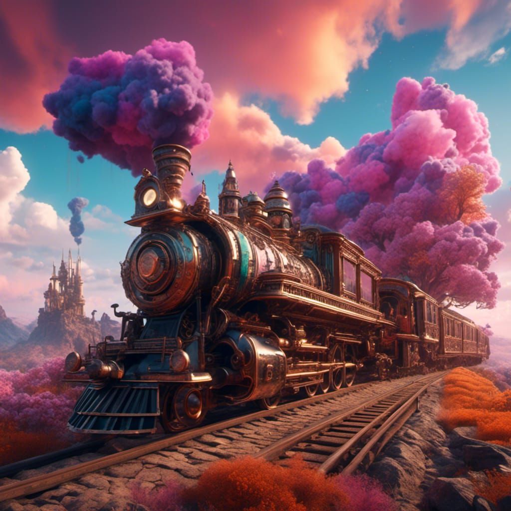 Fantasy Train with Colorful Clouds in Detailed Digital Art