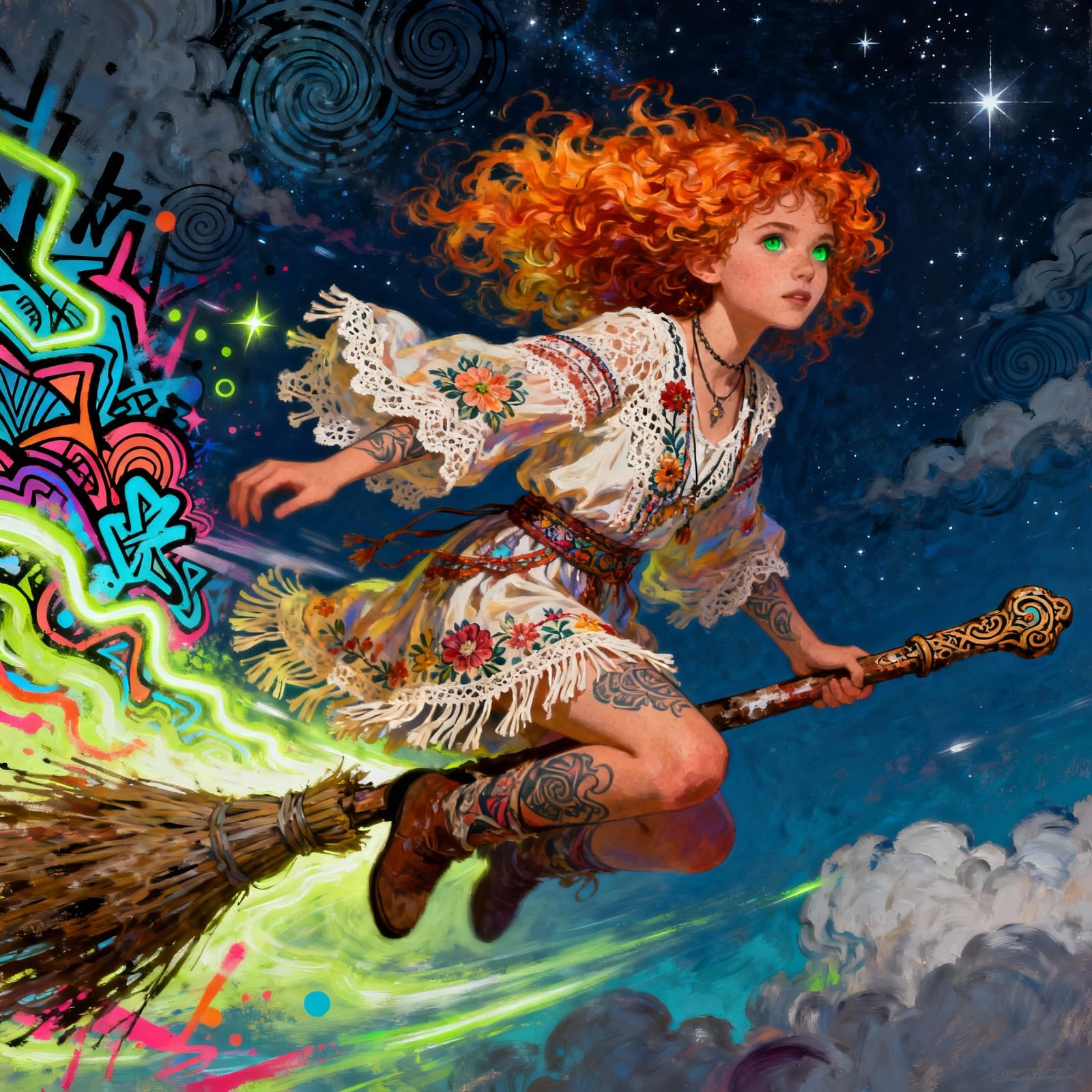 Magician Girl on Broomstick in Boho Style