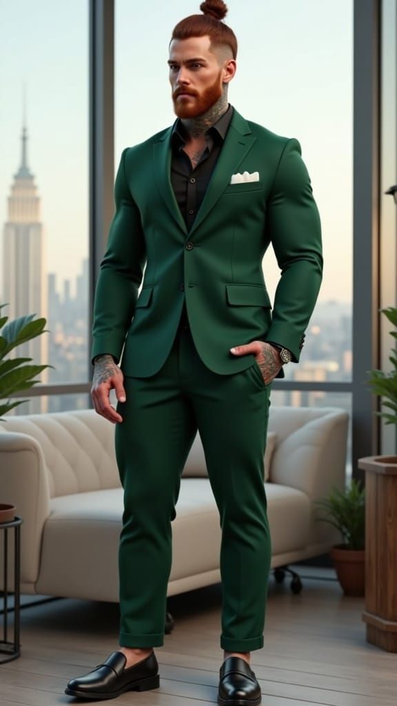 Sensual, Dark Red-Haired Man with Tattoos in Luxury Office