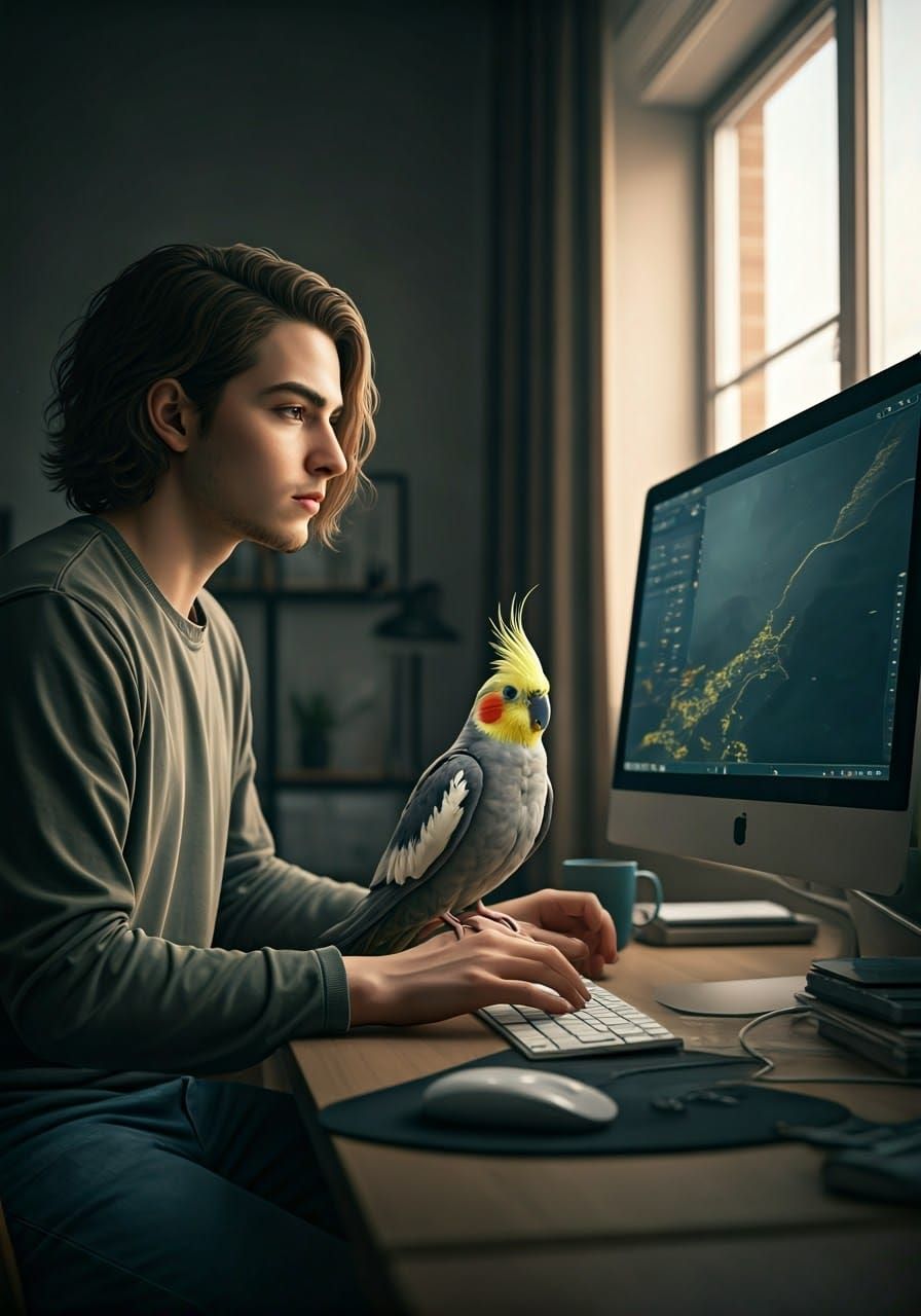 Young Professional Surrounded by a Realistic Cockatiel