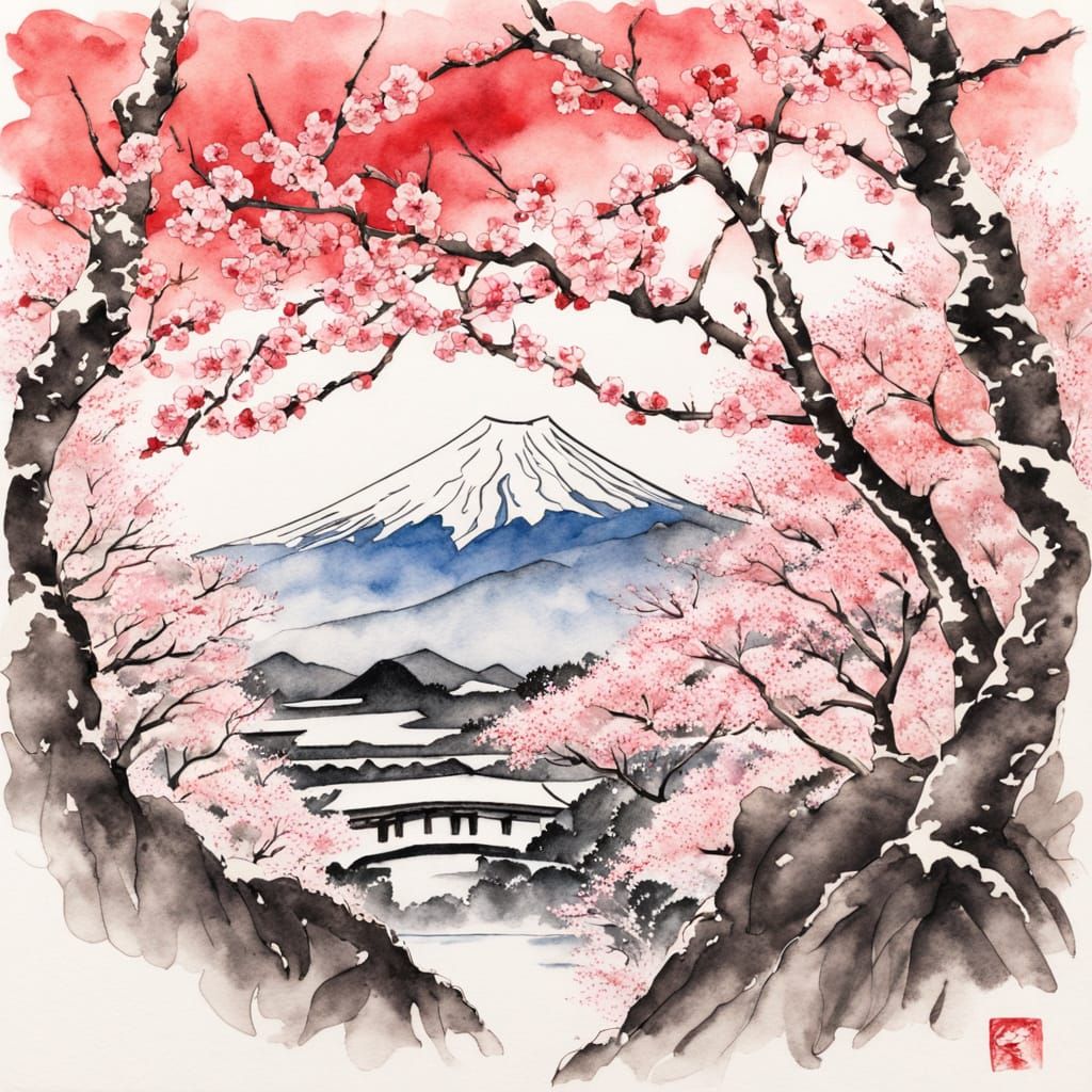 Winter Cherry Blossom View of Fuji Mountain