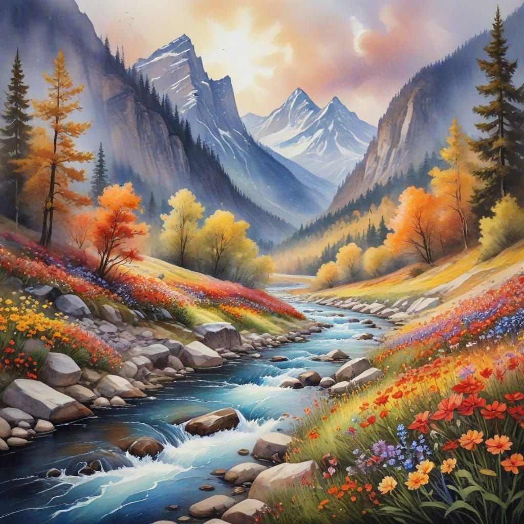 Ethereal Mountain Watercolor Landscapes with Vibrant Wildflo...