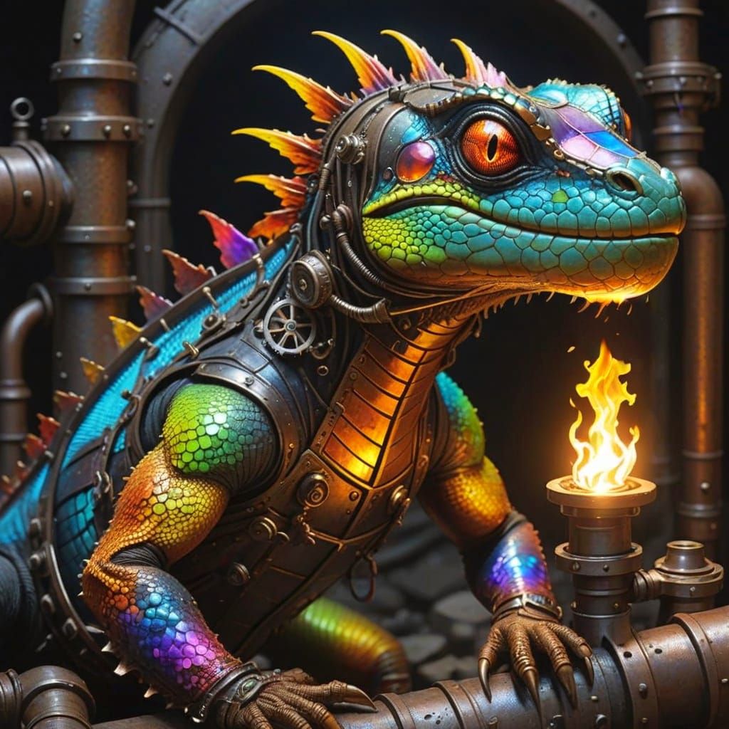Rainbow-Colored Iridescent Lizard in Steampunk Sewage Tunnel