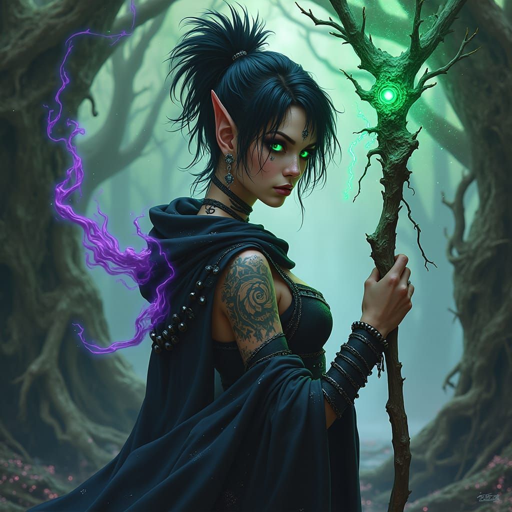 Punk Elven Sorceress with Emerald Energy Staff