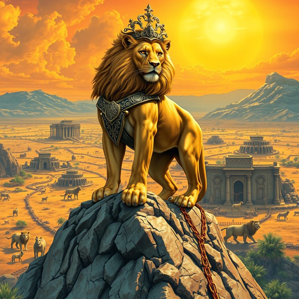 Armored Lion Overlooking Savannah, Heroic Fantasy