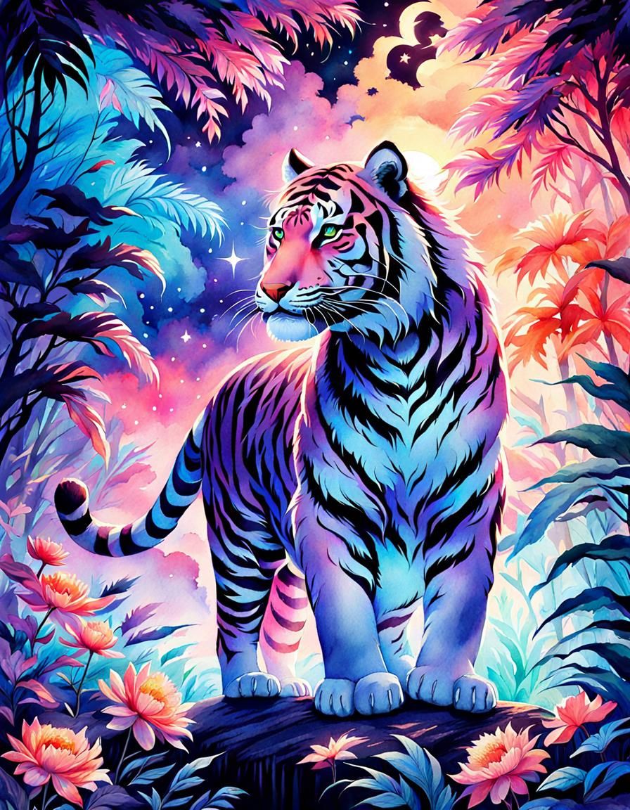 Bioluminescent Tiger Portrait in Divine Jungle