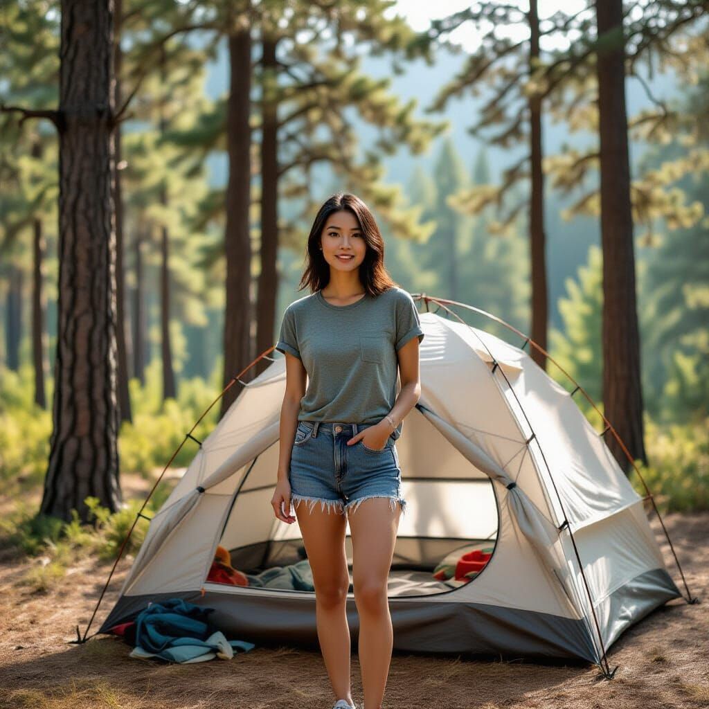 Woman Camping in Pine Forest Beside Tent