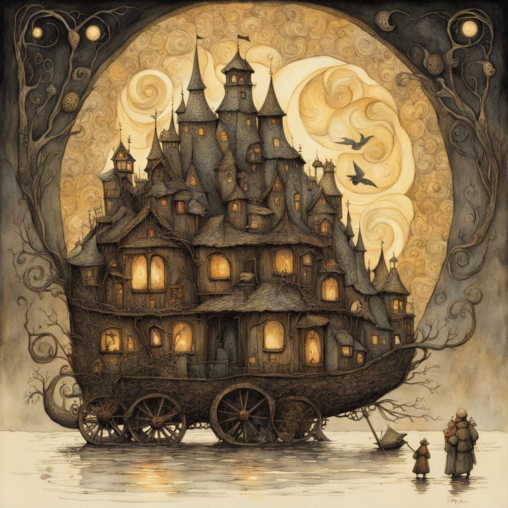 Whimsical Folk Art Cityscape in Golden Light