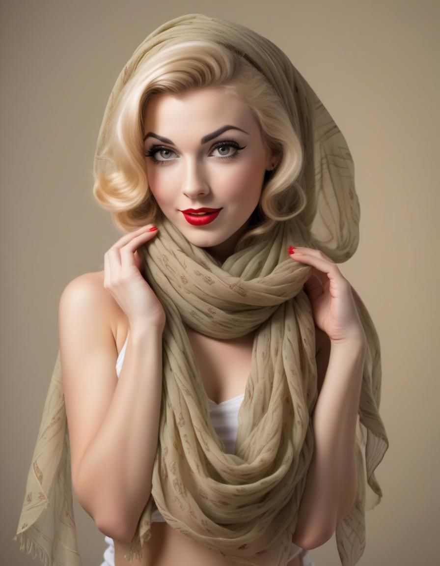 Glowing Pinup Model in Sheer Scarf