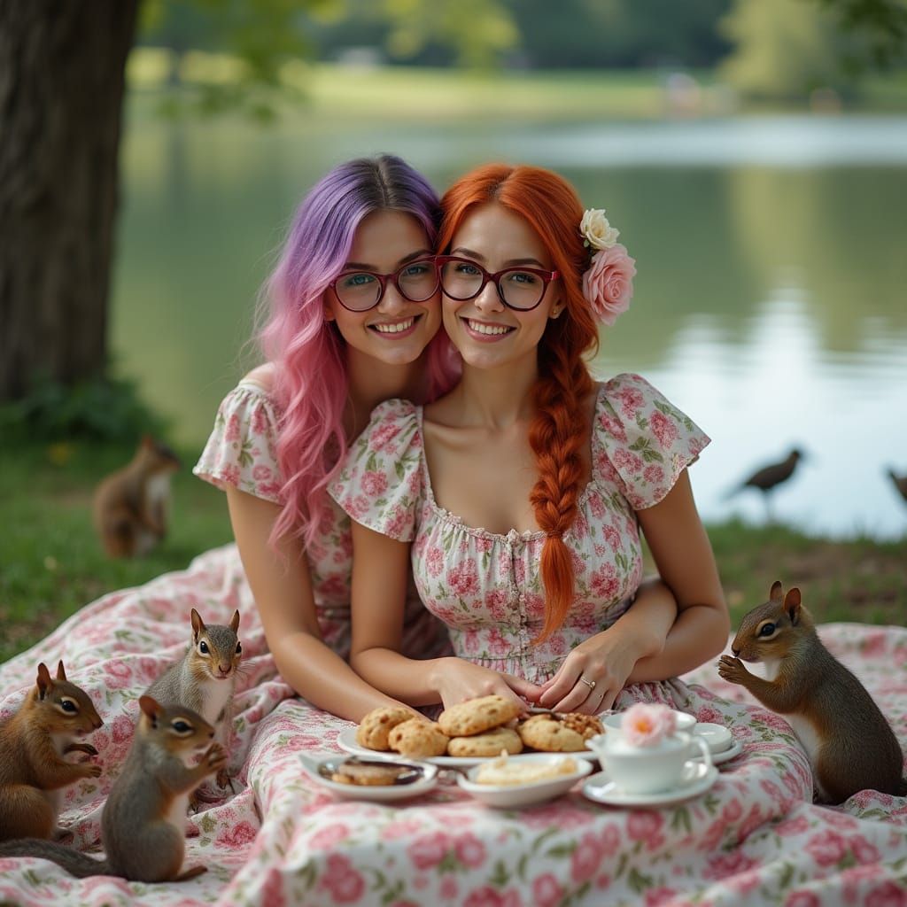 Women's Tea Party by the Lake: Realistic Photo