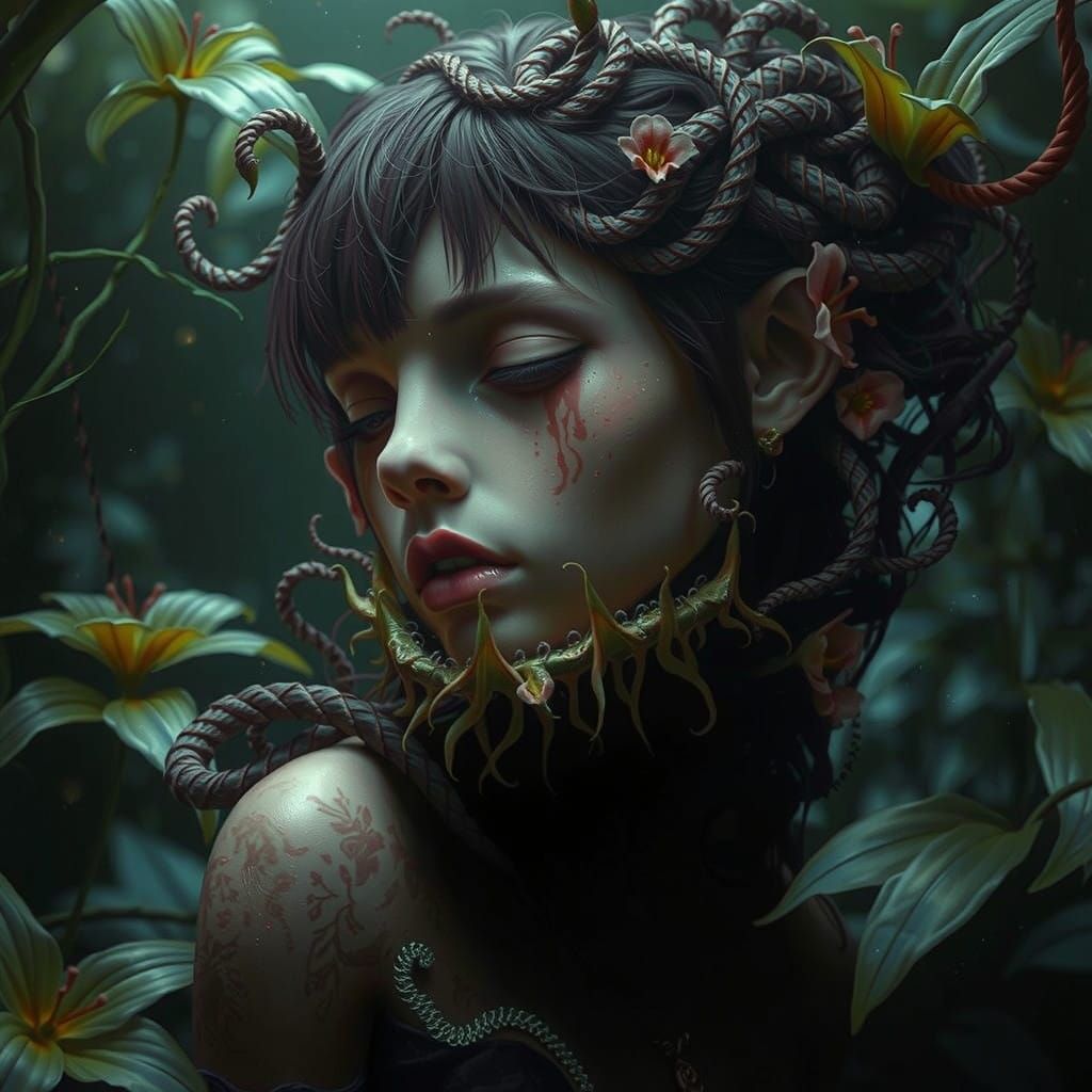 Fantasy Creature in Twilight Landscape with Carnivorous Plan...