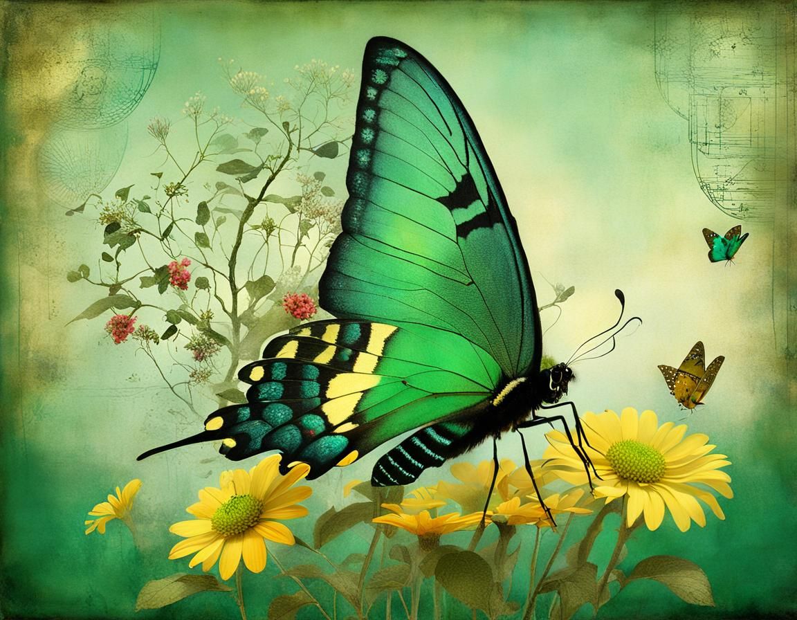 Emerald Swallowtail Butterfly in Surreal Digital Art
