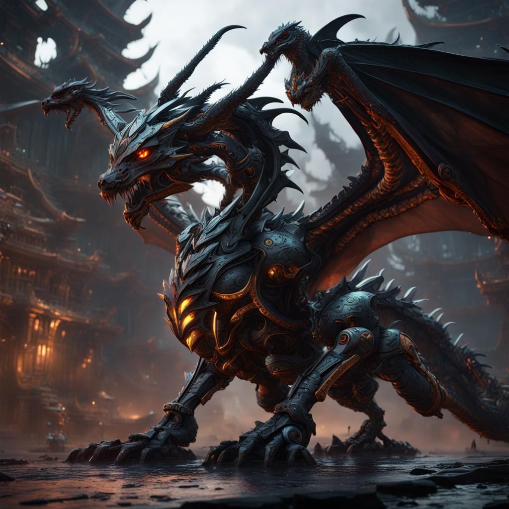 Detailed Black Robot Dragon Fantasy Concept Art