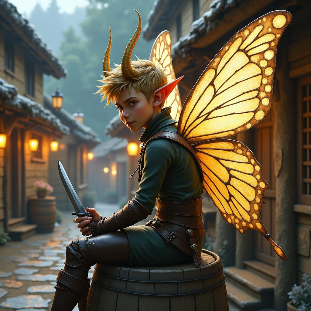 Pixie Rogue in Fantasy Town, Impressionistic Style