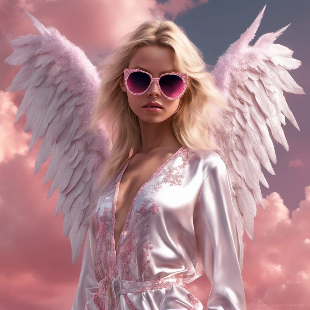 Blonde Angel in Silk Pajamas with Neon Sparkles