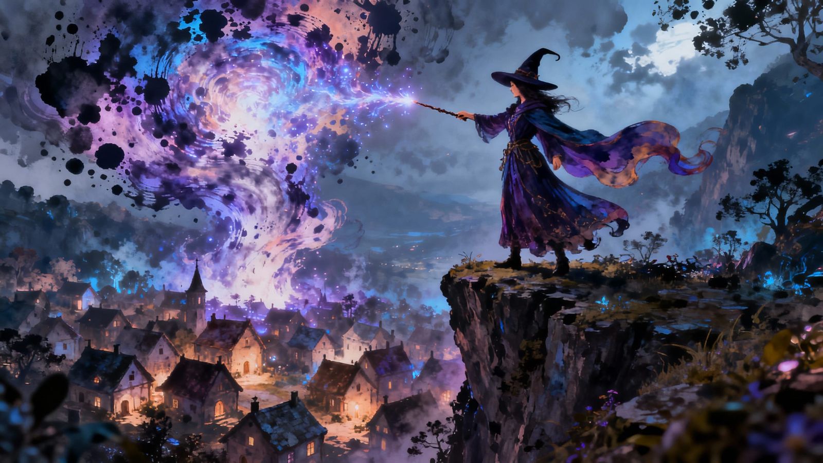 Fantasy Witch Casting Spell Over Village in Blotchy Ink Styl...