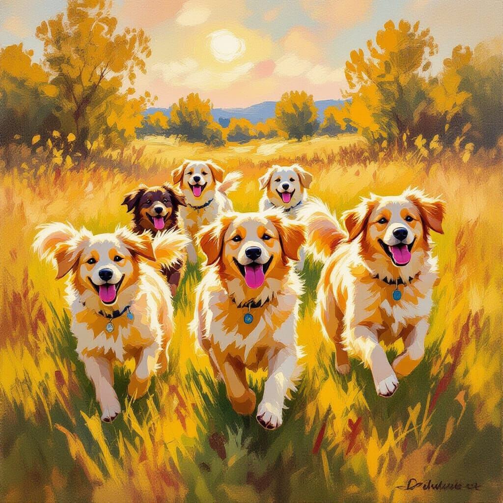 Joyful Golden Retrievers in Sunlit Meadow