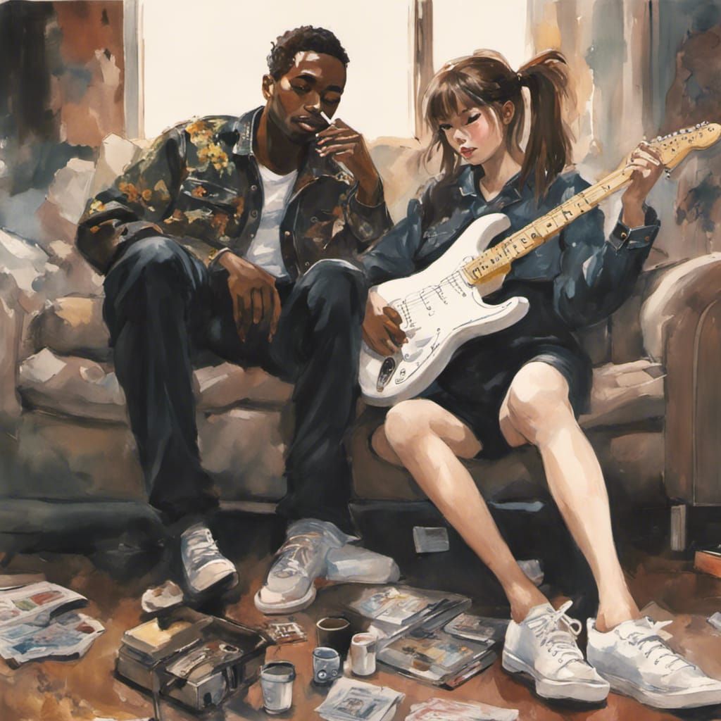 Anime Girl Smoking with Guitarist in Gouache Style