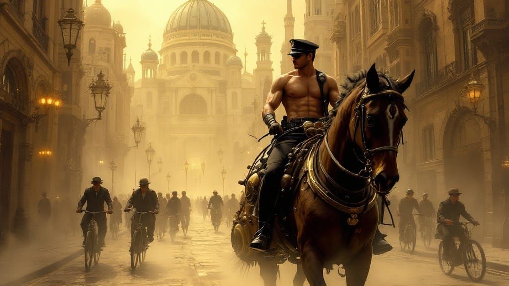 Steampunk Cop on Steam Horse in Golden City