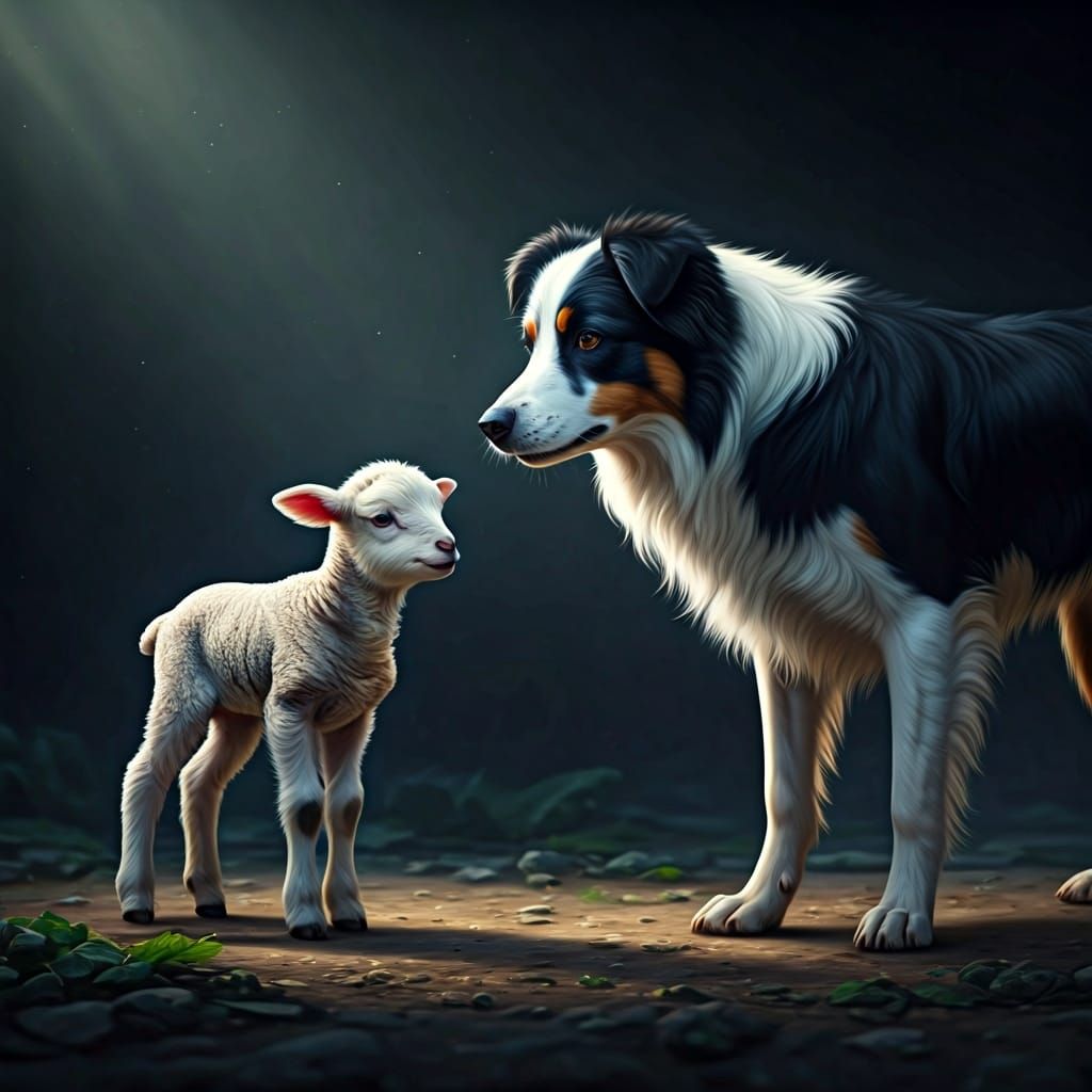 Nervous Lamb Seeks Mother Near Border Collie