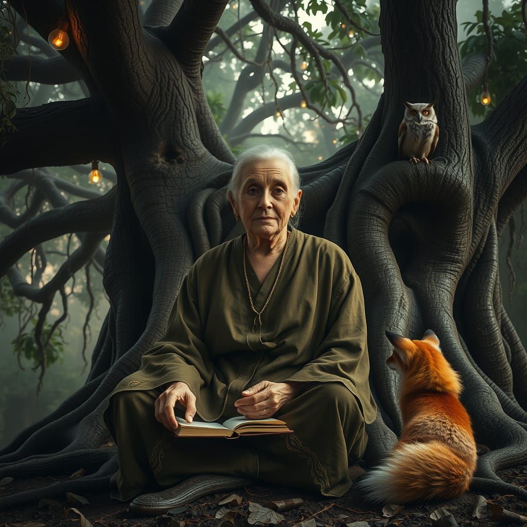 Wise Woman Under Ancient Tree With Fox and Owl