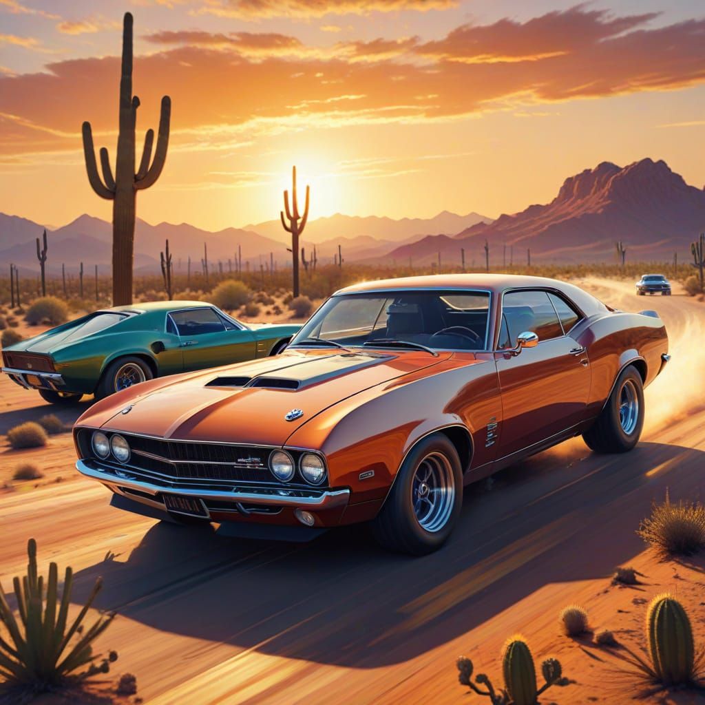 Classic Muscle Cars Race at Sunset in Vibrant Oil Painting