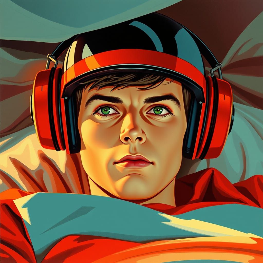 A Young Man in Retrofuturistic Gear Looks Up from Under an O...