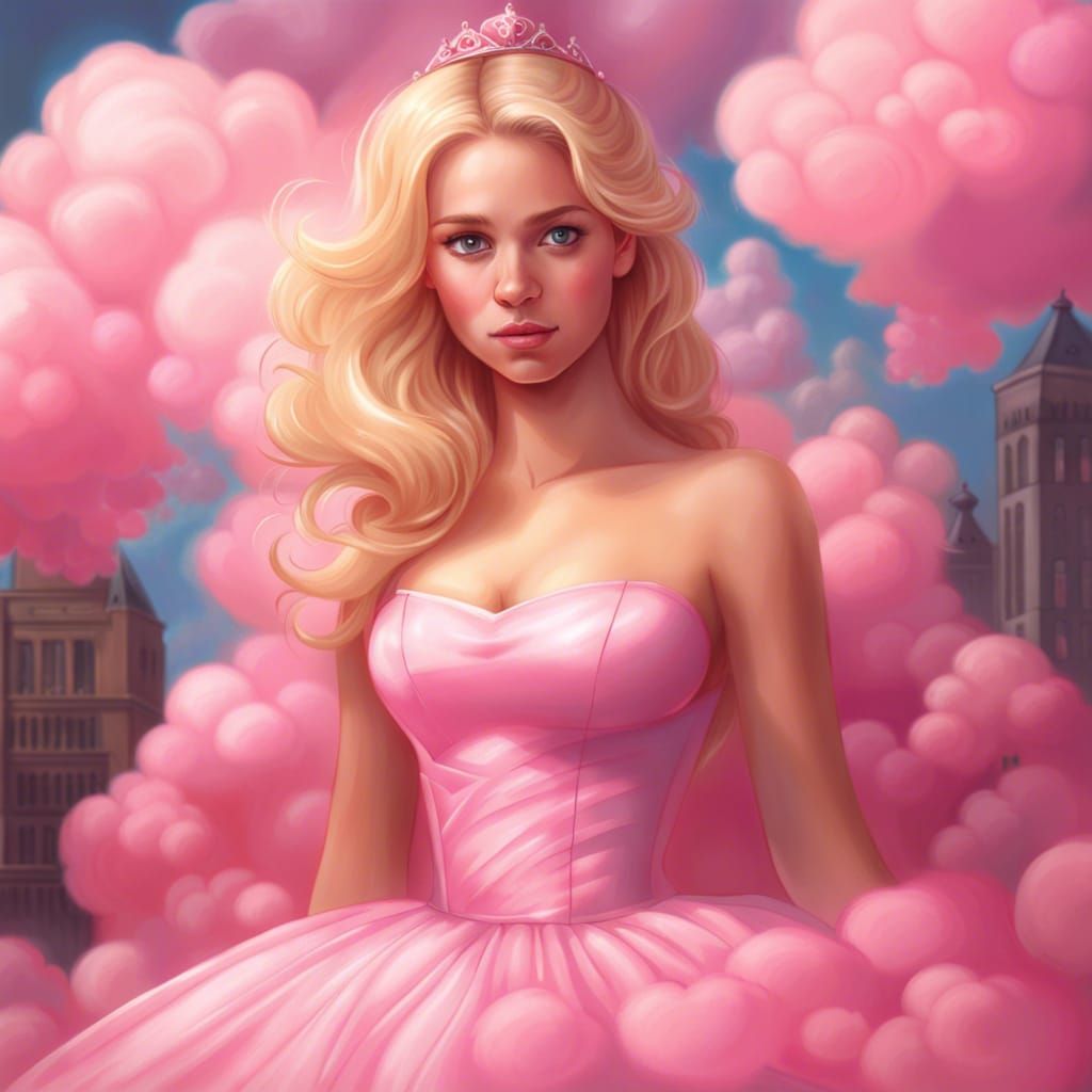 gorgeous blonde girl wearing a pink princess dress made of pink clouds
