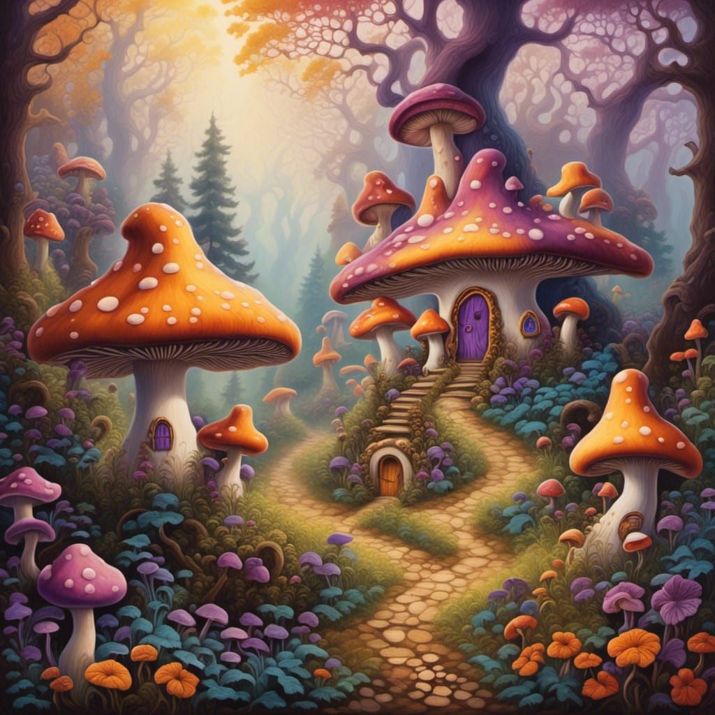 Mushroom Garden Fantasy in Pre-Raphaelite Style