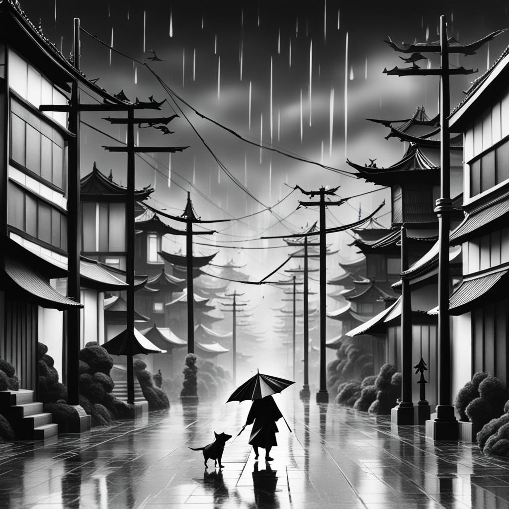 Origami Samurai Dog in Rainy Cityscape