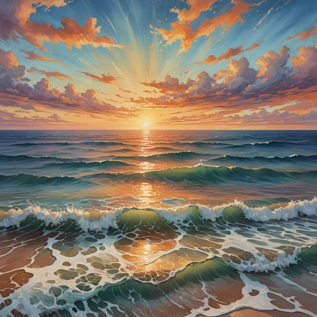 Dreamy Ocean Sunset in Oil Painting Style