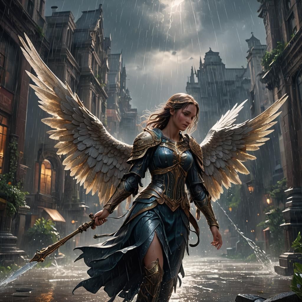 Angelic Embrace: A Rain-Soaked Fantasy Painting